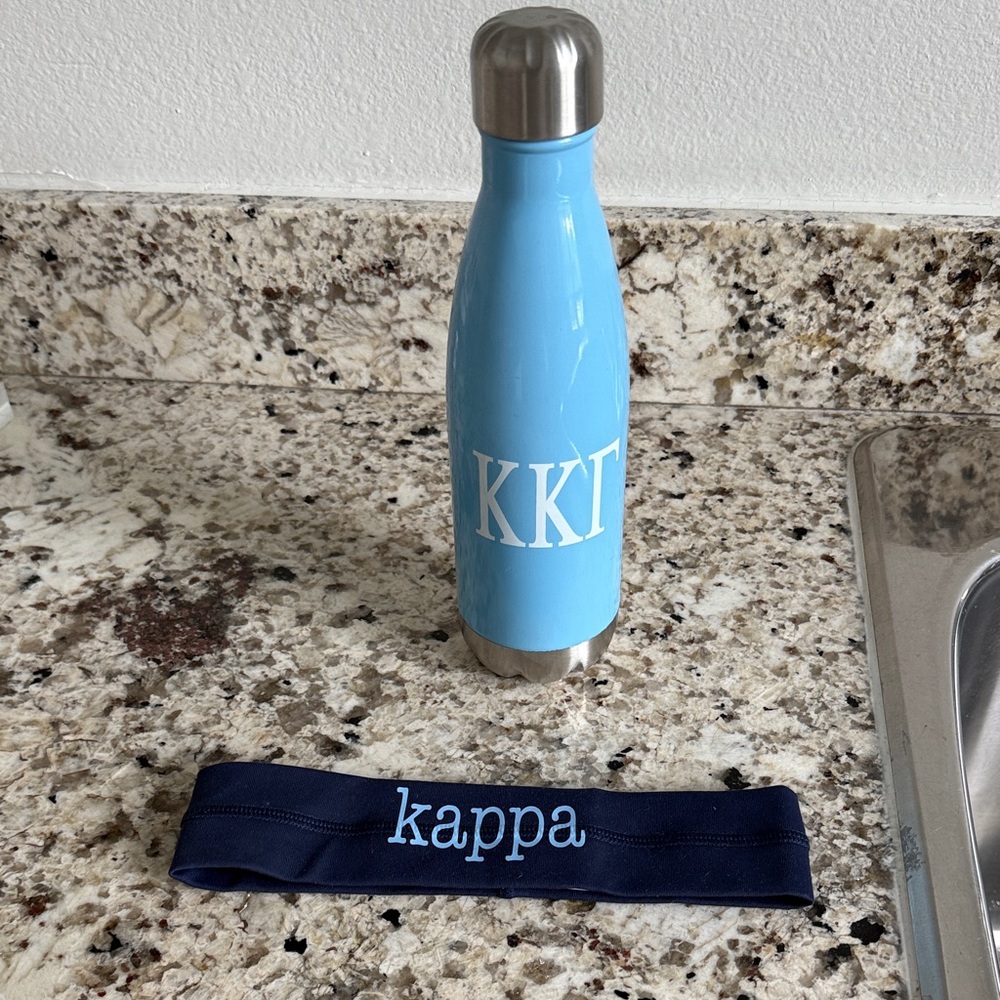 Kappa Navy Headband with Light Blue Monogram Water Bottle